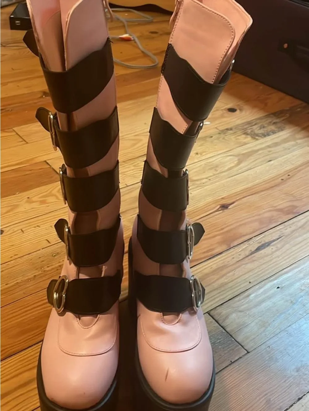 Women’s Pink Knee-High Buckle Boots